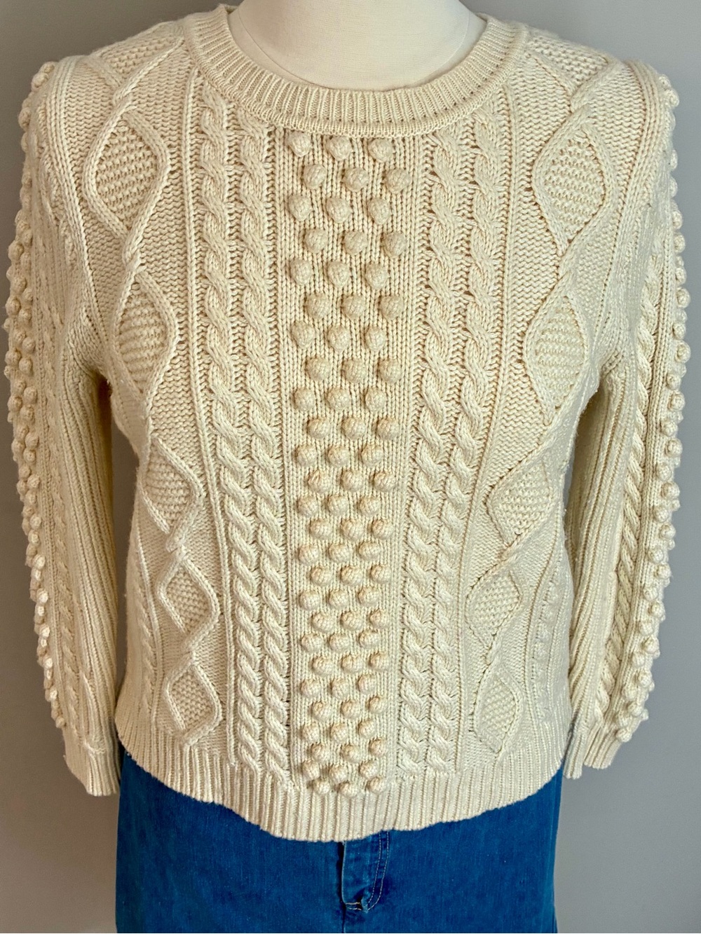 J Crew Button Back Cable Knit Fisherman’s Crewneck Sweater - Cream